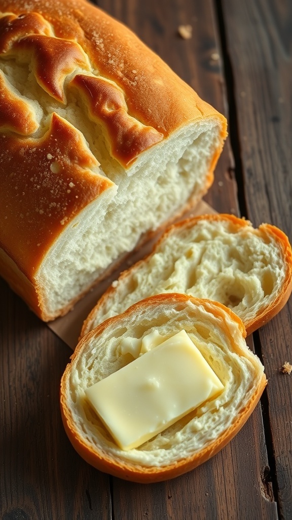 Classic Homemade Bread and Butter Recipe A golden-brown loaf of homemade bread sliced with a dish of butter on a wooden table.